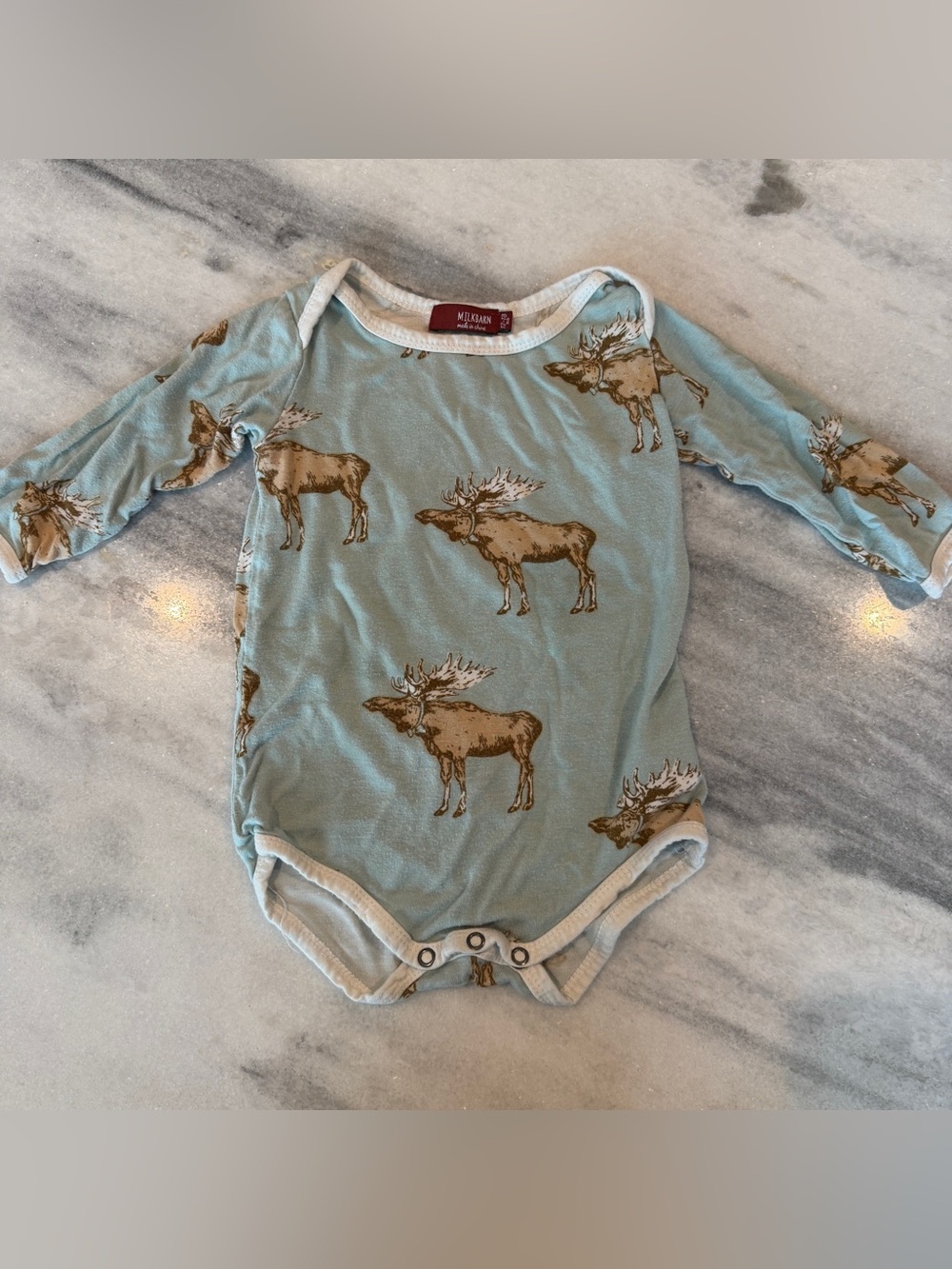 Milkbarn Blue Moose Print Long-Sleeve One-Piece Baby Bodysuit 12-18 Months